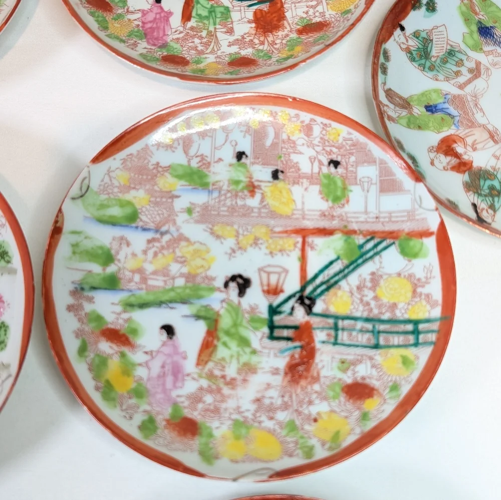 Vintage Japanese Kutani Porcelain Hand Painted Plates Set Of 7